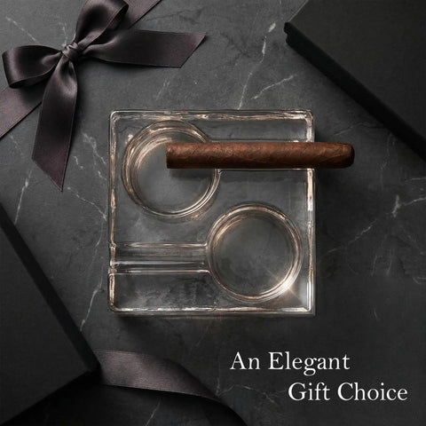 Top view of Clear Glass Cigar Ashtray Made From Premium Crystal, Heavyweight For Two Cigars, Modern Square Design with gift boxes.
