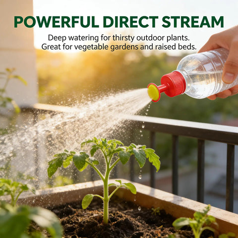Three Pack Bottle Cap Sprinkler Nozzles For DIY Irrigation Easy Connect Universal Thread Fit in use watering outdoor plant with spray