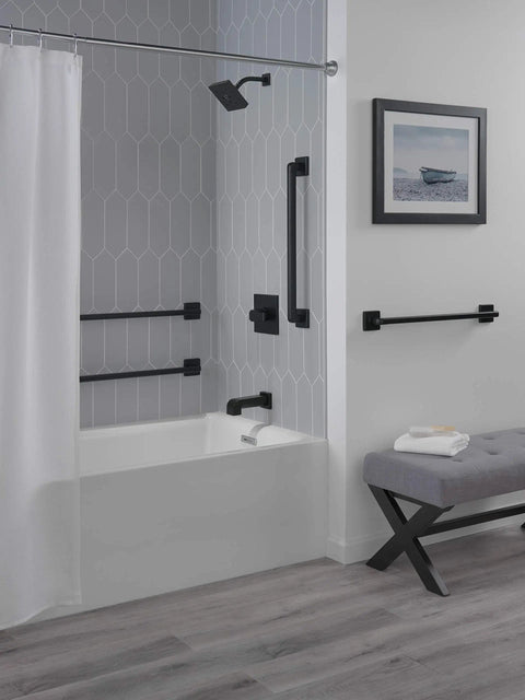 Modern Angular Concealed-Screw ADA Compliant Decorative Grab Bar For Bathrooms 24 Inch By 1.25 Inch Matte Black Finish shown in shower