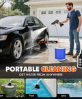 Kick Grime With This Grab And Go Cordless Handheld Washer Featuring Foam Pot Jet Spray and Water Sprayer for Cars Bikes Home Walls Patio and Tight Corners, man washing car.