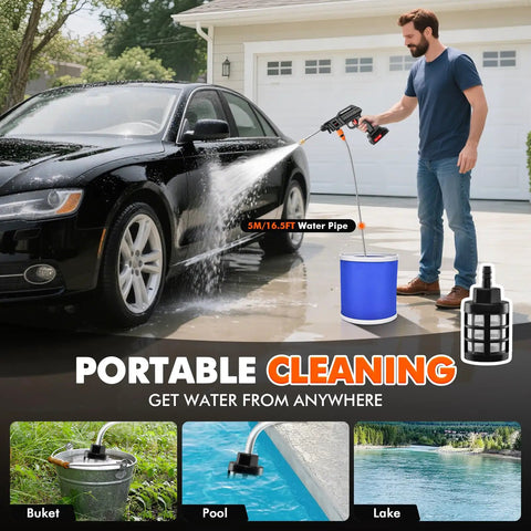 Kick Grime With This Grab And Go Cordless Handheld Washer Featuring Foam Pot Jet Spray and Water Sprayer for Cars Bikes Home Walls Patio and Tight Corners, man washing car.
