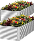 Two Pack Tall 8x4ft Galvanized Raised Garden Beds Outdoor Above Ground For Vegetables And Flowers, side view with plants.