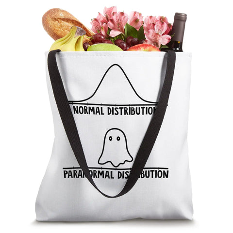Hella Funny Math And Statistics Ghost Print Canvas Tote Bag Featuring Normal Versus Paranormal Distribution Joke with groceries.