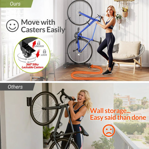 Vertical Bike Stand With Easy Rolling Wheels And Adjustable Height For 29 Inch Wheels, Space Saving Freestanding Bike Rack for Apartments