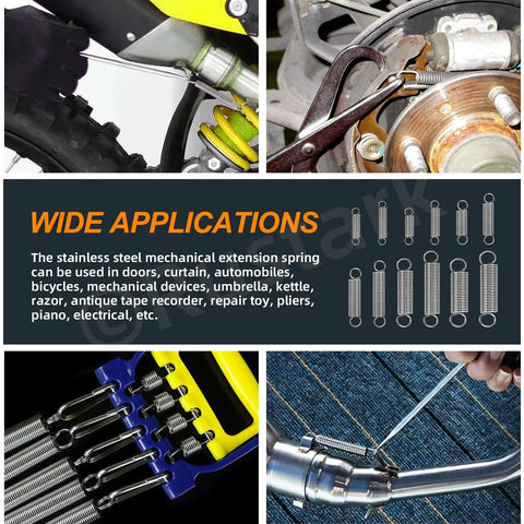 Applications of 60 Piece Stainless Steel Extension Spring Set In 12 Sizes With Hook End for DIY projects and home repairs.