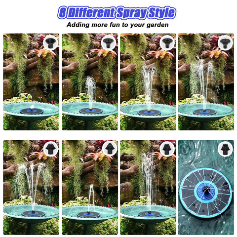 Solar Fountain Upgrade With Three Point Five Watt Solar Power Bird Bath Fountain Kit With Flower Nozzles 7 In 1 Sprayers shown in action