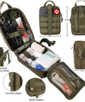 Front view: green Amazon 216-piece survival first aid kit pouch opened to display medical supplies and MOLLE panel.