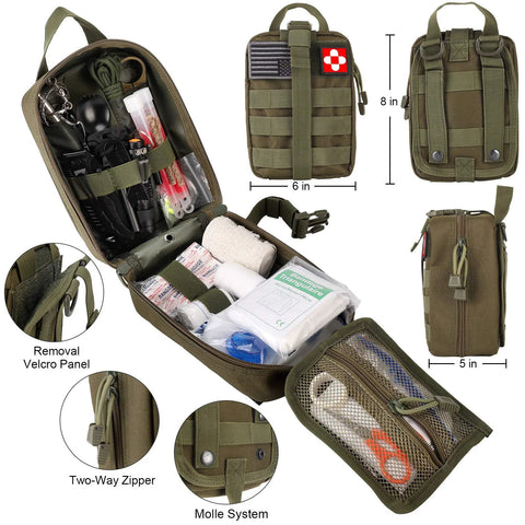 Front view: green Amazon 216-piece survival first aid kit pouch opened to display medical supplies and MOLLE panel.