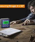 Slick Digital Angle Finder With Crystal Clear Lcd Display Waterproof Protractor And Reliable Inclinometer For Miter Saw Cuts Auto Diagnostics And Angle Checks That Deliver Hella Precise Reads Every Time Blue on a workbench.