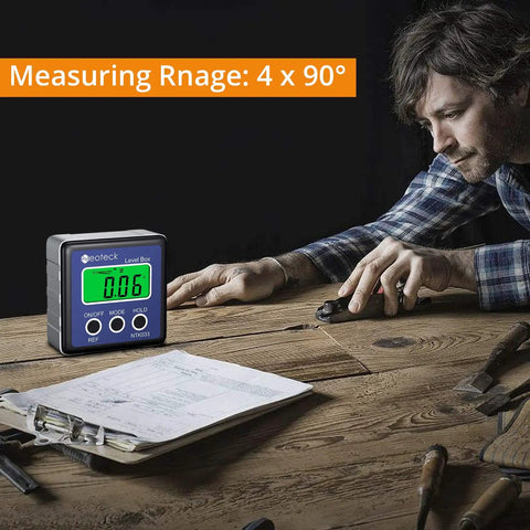 Slick Digital Angle Finder With Crystal Clear Lcd Display Waterproof Protractor And Reliable Inclinometer For Miter Saw Cuts Auto Diagnostics And Angle Checks That Deliver Hella Precise Reads Every Time Blue on a workbench.