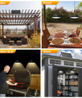 Dual Color Solar Shed Lights 2 Pack With Remote illuminating gazebo, porch, outdoor grill, and shed in various settings.