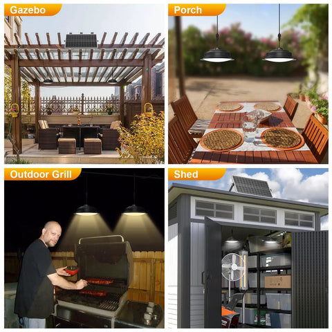 Dual Color Solar Shed Lights 2 Pack With Remote illuminating gazebo, porch, outdoor grill, and shed in various settings.