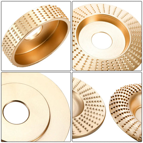 Close-up of five piece wood carving disc set for four inch and four and a half inch angle grinders with seven eighth inch arbor