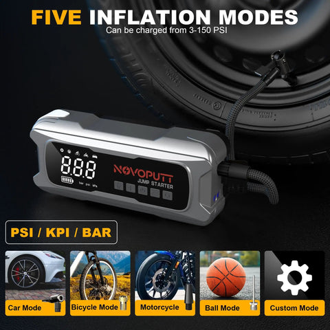 Kickstart Any Ride Smooth Today With This 6000A Auto Battery Booster And Dual Cylinder Tire Inflator Features PD 65W Fast Charge Easy Setup Handling All Gas Engines Up To 10 Liter Diesels Plus Emergency LED Light with digital display and five inflation modes.