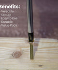 Wood To Metal Self-Drilling Screws 10-24 X 1-7/16 in action with screwdriver on wood, benefits listed