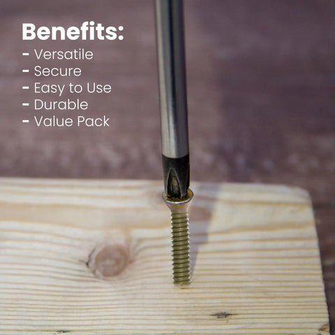 Wood To Metal Self-Drilling Screws 10-24 X 1-7/16 in action with screwdriver on wood, benefits listed