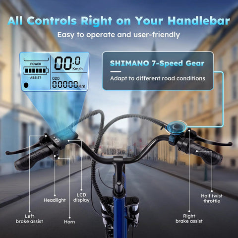 Three Wheel Electric Tricycle For Adults And Seniors With Dual Parking Brakes And Dual Disc Brakes handlebar LCD display, throttle, and controls