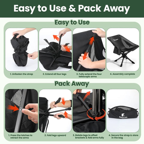 Step-by-step guide for using and packing Ultra Portable Folding Camping Chair With No Assembly 360 Degree Swivel Lightweight One Piece Design