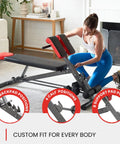 Woman adjusting All In One Adjustable Weight Bench for Full Body Home Gym Workouts with Bench Press Back Extension Roman Chair Sit Ups