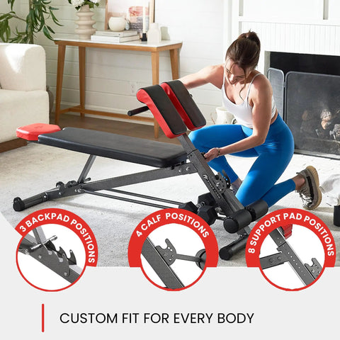 Woman adjusting All In One Adjustable Weight Bench for Full Body Home Gym Workouts with Bench Press Back Extension Roman Chair Sit Ups
