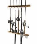 Six Rod Vertical Wall Mount Fishing Rod Rack for Garage Ceiling or Wall Storage, solid pine construction, holds six poles and reels.