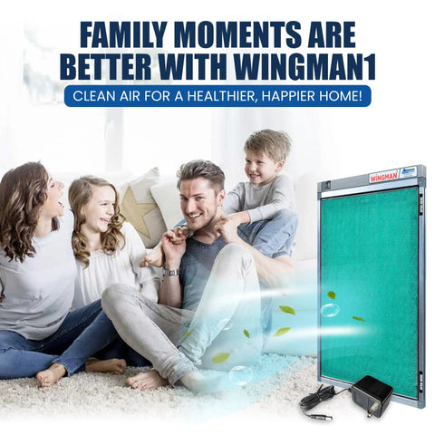 Family sitting together with 20x25x1 Electronic Air Filter Kit For Whole Home Purification, HVAC filter beside them in living room