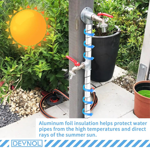 Outdoor pipe wrapped with Pipe Insulation Wrap Foam Foil Tape Self Adhesive Three Eighths Inch Thick Three Inch Wide Sixteen Feet Long