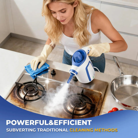 Tough Day Grime Handheld Steam Cleaner That Heats Up Fast With A 13 Foot Cord, cleaning a stovetop with steam.
