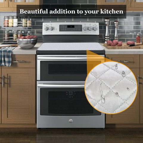 Quilted Stove Top Cover Protector For Glass Ceramic Cooktops, double layer cotton fabric detail, on kitchen stove