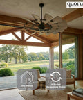 Sixty Inch Damp Rated Ceiling Fan With A Badass Fifteen Blade Wagon Wheel Design Efficient DC Motor in a modern room.