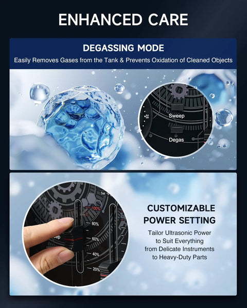 Enhanced care features of 10L Ultrasonic Cleaner With Sweep Frequency, demonstrating degassing mode and customizable power settings.