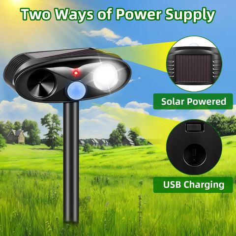 4 Pack Solar Ultrasonic Critter Repellent For Cats Raccoons Squirrels Rabbits And Foxes Outdoor Deterrent With Motion Sensor Waterproof Flashing Light Ideal For Garden And Yard, solar powered and USB charging