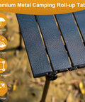 Close-up view of metal surface on Folding Camping Table With Roll Up Top Height Adjustable Portable Metal Camp Table.