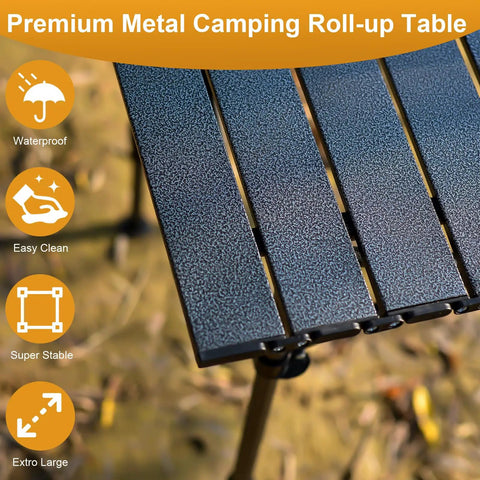 Close-up view of metal surface on Folding Camping Table With Roll Up Top Height Adjustable Portable Metal Camp Table.