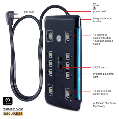 UltraPro 10 Outlet Surge Protector With USB Charging And Two USB Ports 2880 Joules 4 Foot Cord Black Extra Wide Outlet Spacing