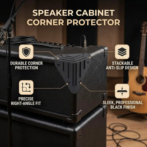 Speaker Corner Protector For Cabinets, Guitar Amps, And Furniture, stackable right angle corner guard on speaker with labels