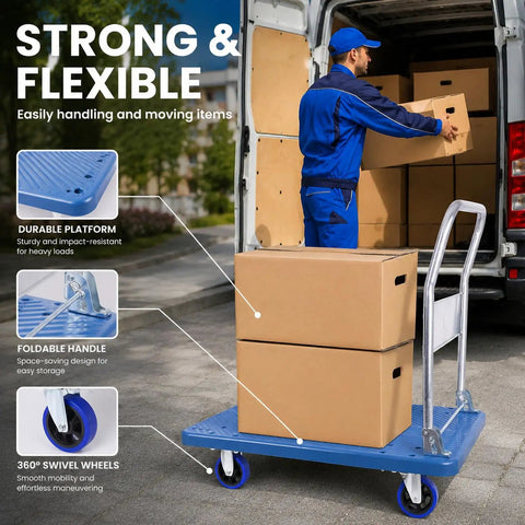 Heavy Duty Foldable Push Cart Dolly, 660 Lbs Moving Platform Truck With Smooth Rolling Swivel Wheels, Dual Support Frame, Quick Fold Flat Design, No Sweat Hauling Beast For Home Moves, loading boxes into a van.