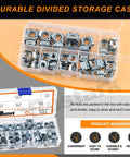 Heavy Duty 40 Piece Carbon Steel Cage Nut Assortment Kit With Snap In Square Rack Mount Clips in a divided storage case.