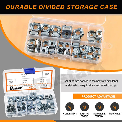 Heavy Duty 40 Piece Carbon Steel Cage Nut Assortment Kit With Snap In Square Rack Mount Clips in a divided storage case.