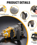 Heavy Duty One Inch Drive Pneumatic Impact Wrench With Professional Air Hose Rock Solid High Torque Output Tough As Nails Steel Housing close-up of air controls and trigger.