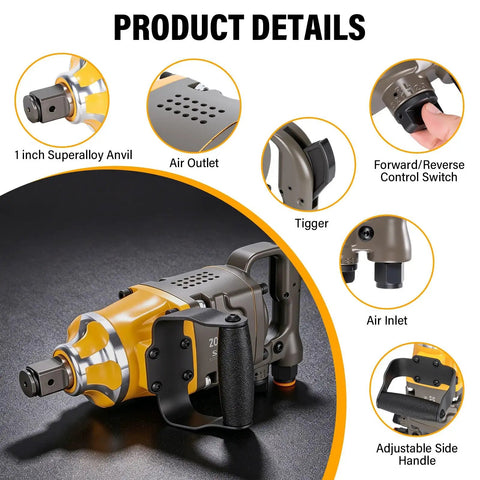 Heavy Duty One Inch Drive Pneumatic Impact Wrench With Professional Air Hose Rock Solid High Torque Output Tough As Nails Steel Housing close-up of air controls and trigger.