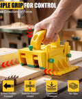 Person using Table Saw Push Block for woodworking with no slip grip and multidirectional control on a table saw.