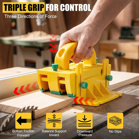 Person using Table Saw Push Block for woodworking with no slip grip and multidirectional control on a table saw.