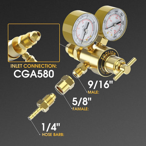 Exploded view of TOOLIOM Argon/CO2 welding regulator, brass body, CGA580 inlet, 9/16" male, 5/8" female, 1/4" hose barb