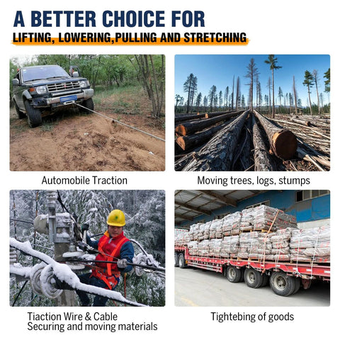 Heavy-duty come-along winch, 5-ton capacity, 12 ft steel cable, three hooks; for vehicle recovery and load securing.