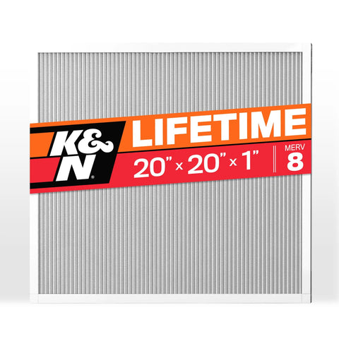 Front view of 20X20X1 HVAC Filter Washable And Reusable MERV 8 For Furnace And Office Use, with a bold lifetime label.