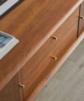 Top Shelf Retro TV Stand Featuring Two Spacious Drawers And Dual Wood Locker Doors Paired With Heavy Duty Media Console and No Sweat Storage Cabinet, wooden surface detail.