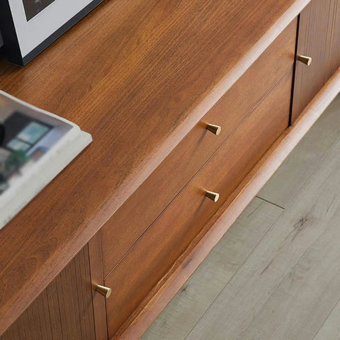 Top Shelf Retro TV Stand Featuring Two Spacious Drawers And Dual Wood Locker Doors Paired With Heavy Duty Media Console and No Sweat Storage Cabinet, wooden surface detail.