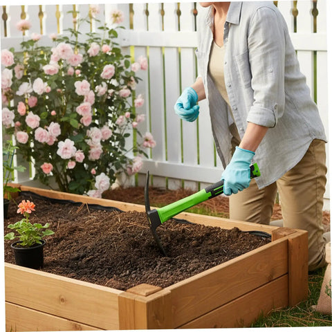 Person using Double Sided Pick Axe For Digging 16 Point 9 Inch Mattock With Non Slip Handle Beefy Heavy Duty Garden Hoe