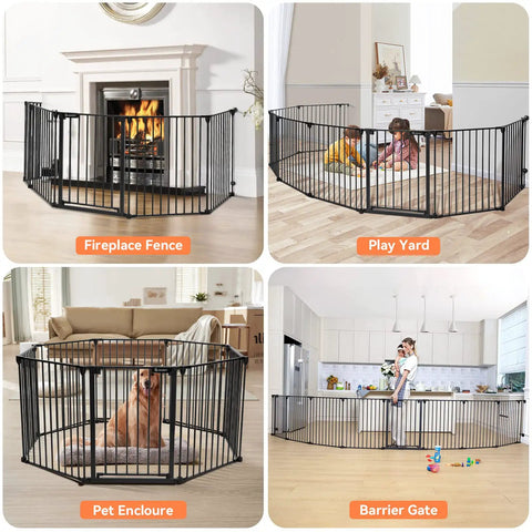 Ultra Wide Baby Gate And Pet Gate For Stairs And Doorways, 198 Inch Opening, shown as fireplace fence, play yard, pet enclosure, barrier gate